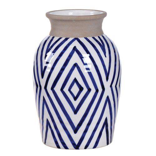 Vaso Decorativo de Cerâmica Branco com Detalhes em Azul - 28 X 19 Cm