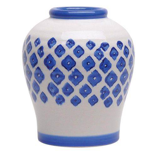 Vaso Decorativo de Cerâmica Branco com Detalhes em Azul - 39 X 34 Cm