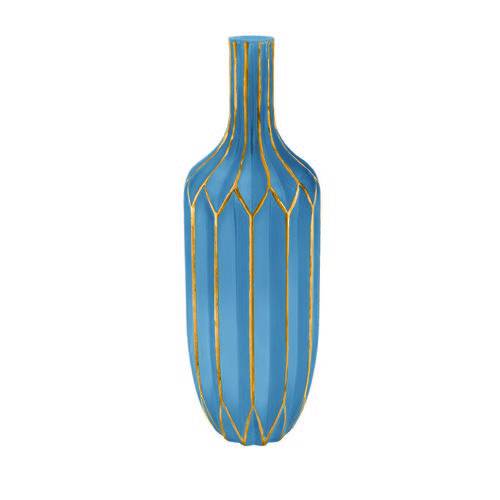 Vaso Decorativo Vidro Azul e Dourado 11,5X36X11,5Cm