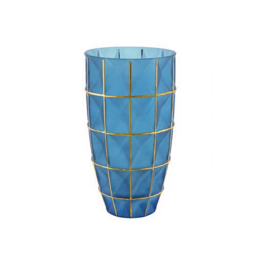 Vaso Decorativo Vidro Azul e Dourado 14X25,5X14Cm