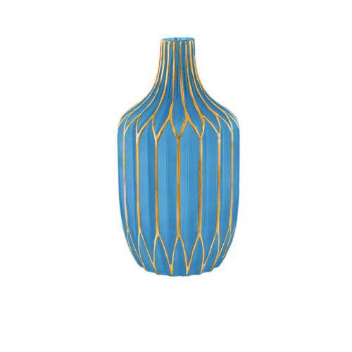 Vaso Decorativo Vidro Azul e Dourado 14x26x14cm