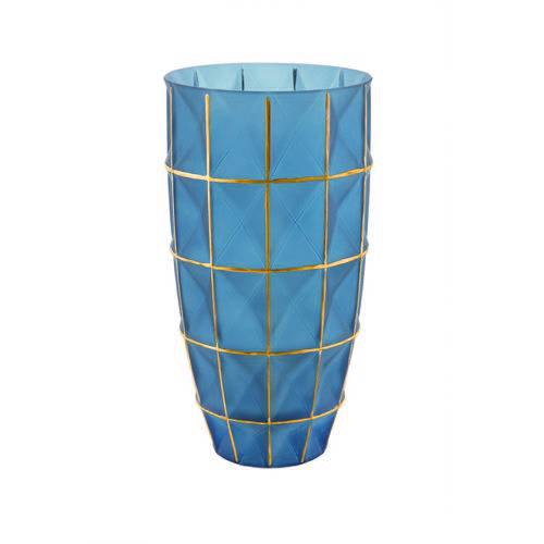 Vaso Decorativo Vidro Azul e Dourado 16,5X32X16,5Cm