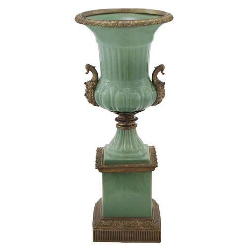 Vaso em Porcelana Clássica Verde Detalhes em Bronze