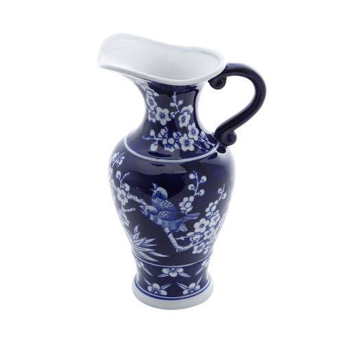 Vaso Ornamental de Porcelana 16x12,5x27cm Azul e Branco Borboletas e Flores 16x12,5x27cm 30406