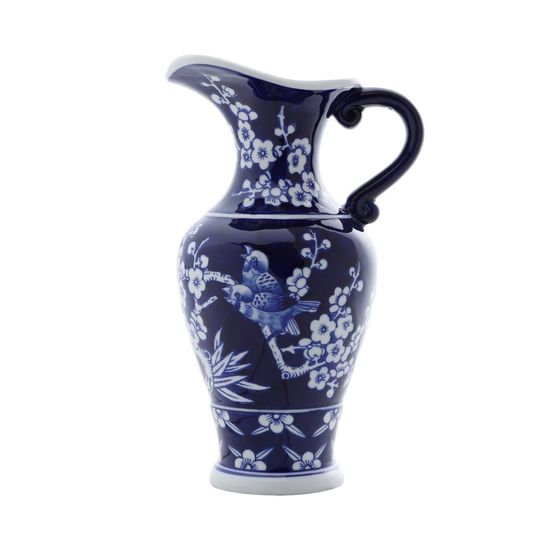 Vaso Ornamental de Porcelana 16x12,5x27cm Azul e Branco Borboletas e Flores 16x12,5x27cm