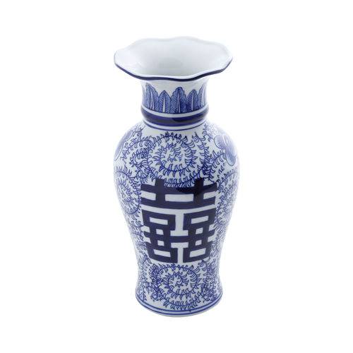 Vaso Ornamental de Porcelana Azul e Branco Mandarim
