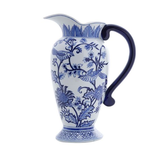 Vaso Ornamental de Porcelana Azul e Branco Ramos 21X14X29cm