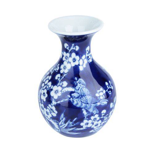 Vaso Porcelana Long Neck Cherry Flowers Azul/Branco Gde