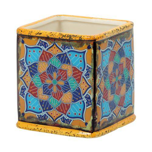Vaso Quadrado de Cerâmica Mandala Amarelo