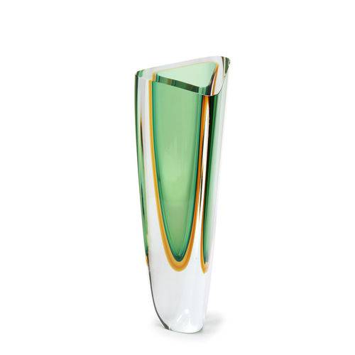 Vaso Triangular Nº 2 Bicolor Verde com Âmbar - Murano - Cristais Cadoro