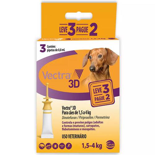 Vectra 3d Cães 1,5 a 4kg 0.8ml Anti-pulgas Ceva 3 Pipetas