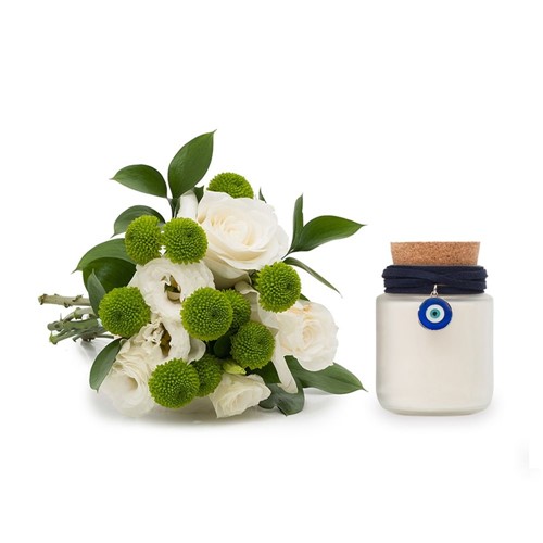 Vela Aromática Olho Grego + Buquê Bianco com Flores Brancas P