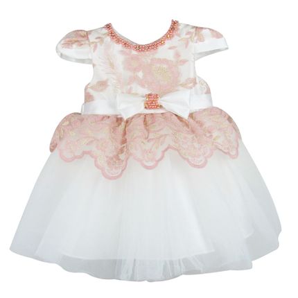 Vestido Baby Festa Barrado de Renda - Off White com Rosê - Petit Cherie-3-6m