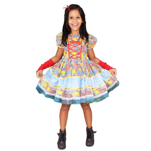 Vestido de Festa Caipira Quadrilha Festa na Roça Azul Chique Infantil com Luva e Fitas de Cabelo