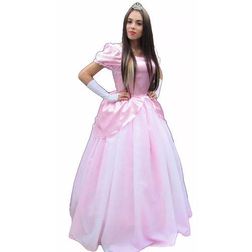Vestido de Festa Fantasia Princesa Rosa Ariel Adulto e Luva