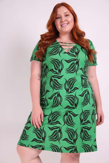 Vestido Evasê Estampado Plus Size Verde P
