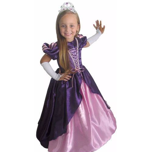 Vestido Festa Infantil Fantasia Princesa Rapunzel Longo Luxo e Luva