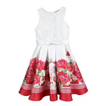 Vestido Festa Pregas Rosas Vermelhas - Off White com Vermelho - Petit Cherie-1ano