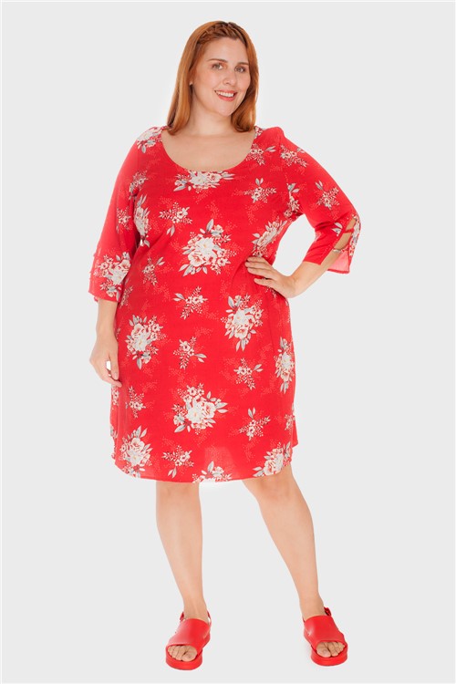 Vestido Floral Plus Size Vermelho-48/50