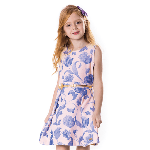 Vestido Infantil Cata-Vento Flores Azuis Rosa 04