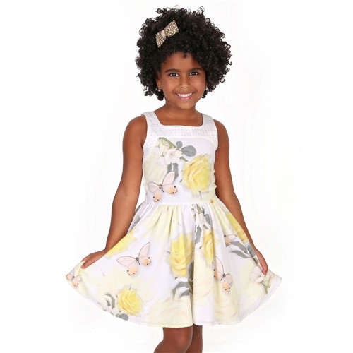 Vestido Infantil com Strass e Pérolas Estampa Rosas Amarelas Gabriela Aquarela 4t