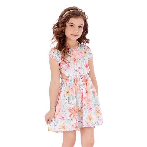 Vestido Infantil em Cotton Estampa Floral e Recorte Lateral Hello Kitty 6 Anos