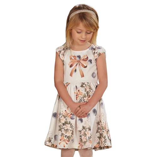 Vestido Infantil em Super Cetim Estampa Laço com Brilho e Flores - Infanti 1t