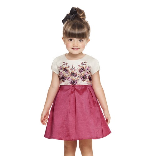 Vestido Infantil para Festa em Tafetá Pink Estampa Flores Quimby 2t
