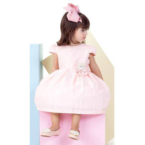 Vestido Infantil Pupi Baby Luxo Delicado Ursinho Rosa Claro