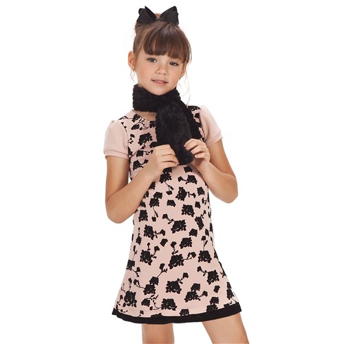 Vestido Infantil Rose com Estampa Rosas Pretas e Cachecol de Pelo Gabriela Aquarela 4t