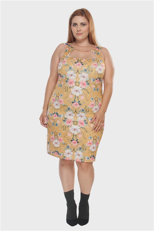 Vestido Lápis Floral Plus Size Amarelo-48/50