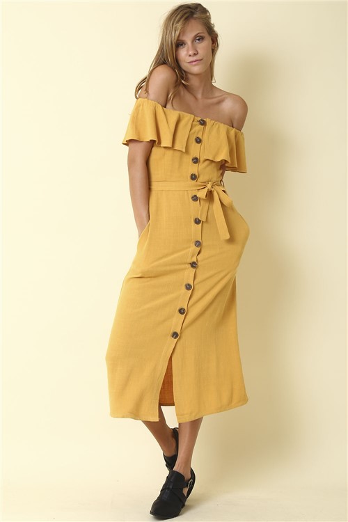 Vestido Linho Ciganinha - Amarelo Tamanho: P