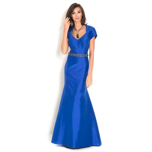 Vestido Lisse Longo em Tafetá com Bordados Theia – Azul Royal
