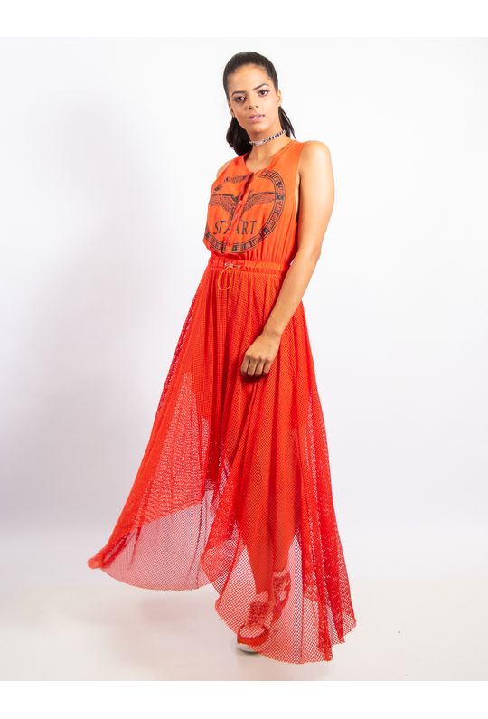 Vestido Longuete de Nylon e Tela com Silk Start - 38