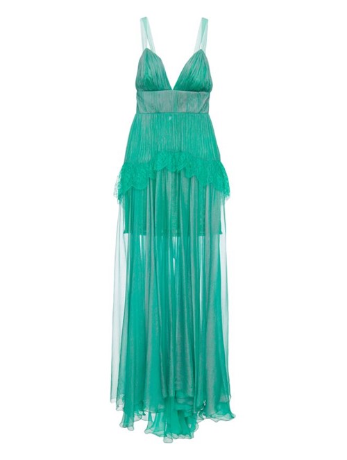 Vestido Maxi Plissado Karina de Seda Verde Tamanho 36
