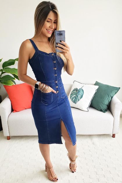 Vestido Midi Cantão Jeans Jardineira Comfort - Azul