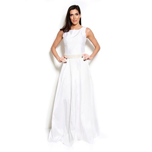 Vestido Novia Longo em Tafetá de Seda Branco e Cinto Bordado Dina Barcelos - Branco