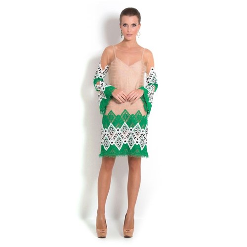 Vestido Pigalle Curto com Tule e Renda Bordada Renata Campos – Verde e Nude