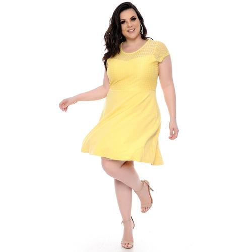Vestido Renda Vazado Amarelo Plus Size