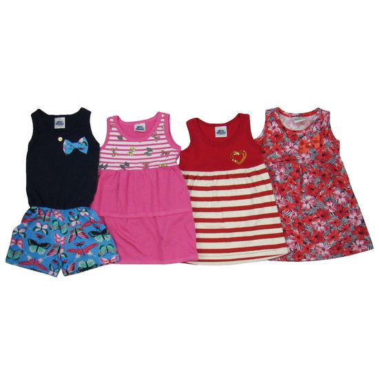 Vestidos e Macaquinho Bebê Kit com 4 Unidades Azul Marinho, Pink, Vermelho e Laranja-1