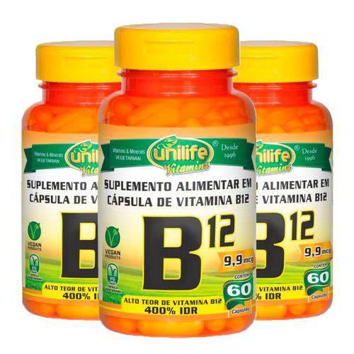 Vitamina B12 Cianocobalamina 9,9mcg - 3 Un de 60 Cápsulas - Unilife