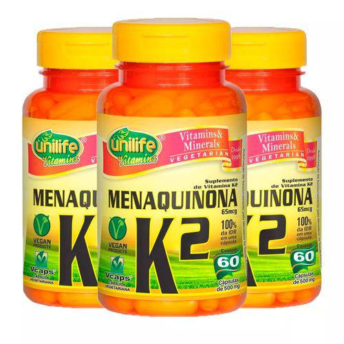Vitamina K2 (Menaquinona) - 3 Un de 60 Cápsulas - Unilife