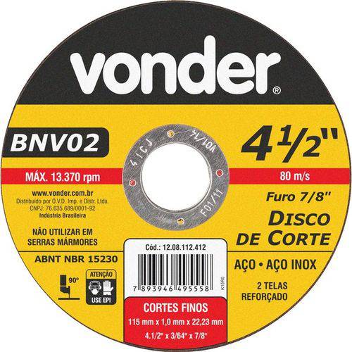 Vonder - Disco de Corte 115 Mm X 1,0 Mm X 22,23 Mm, Bnv 02