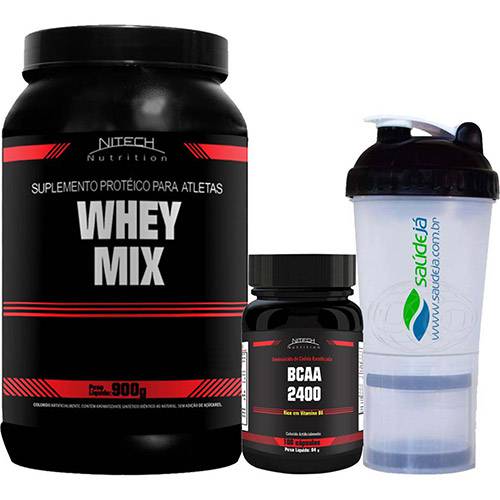 Whey Mix Baunilha 900g + BCAA 100 Cápsulas + Coqueteleira Transparente - Nitech Nutrition