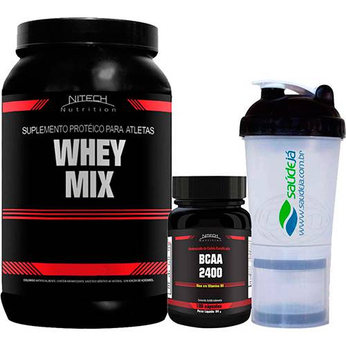 Whey Mix Morango 900g + BCAA 100 Cápsulas + Coqueteleira Transparente - Nitech Nutrition