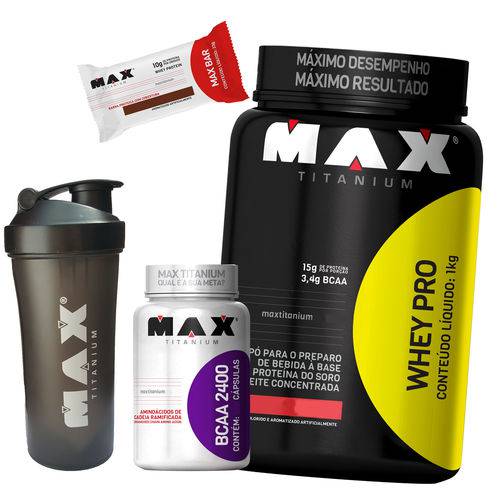 Whey Pro 1kg + Bcaa + Barra Proteina + Coqueteleira Max Titanium
