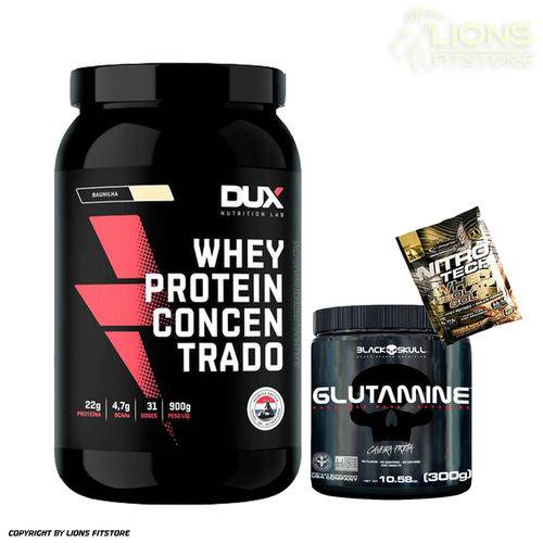 Whey Protein Concentrado 900g Coco Dux Nutrition + Glutamina 300g Black Skull + Dose