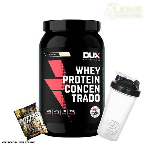 Whey Protein Concentrado 900g Banana Dux Nutrition + Shaker + Dose de Suplemento