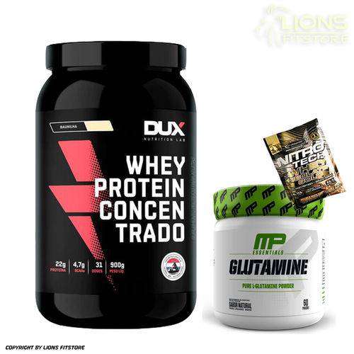 Whey Protein Concentrado 900g Baunilha Dux Nutrition + Glutamina 300g Muscle Pharm + Dose