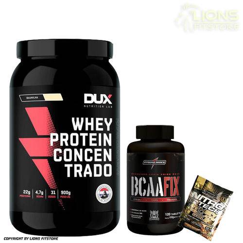 Whey Protein Concentrado 900g Coco - Dux Nutrition + Bcaa Fix 120caps Integralmédica + Dose